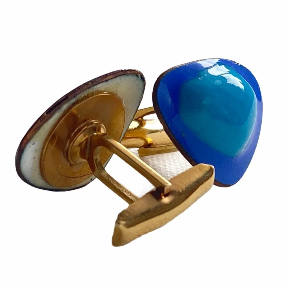 Blue Enamel Round Edges Triangular Shaped Sparkly Gold Tone Men's Cufflinks